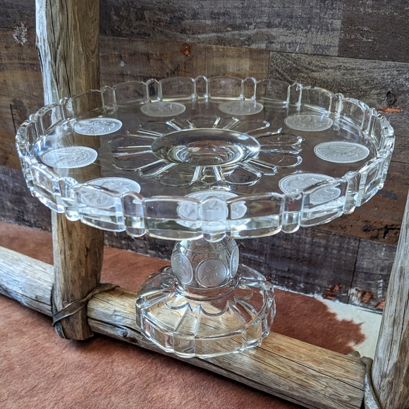 Antique 1892 Silver Dollar Glass Pedestal Cake Stand W Frosted Morgan Dollar - Picture 12 of 15